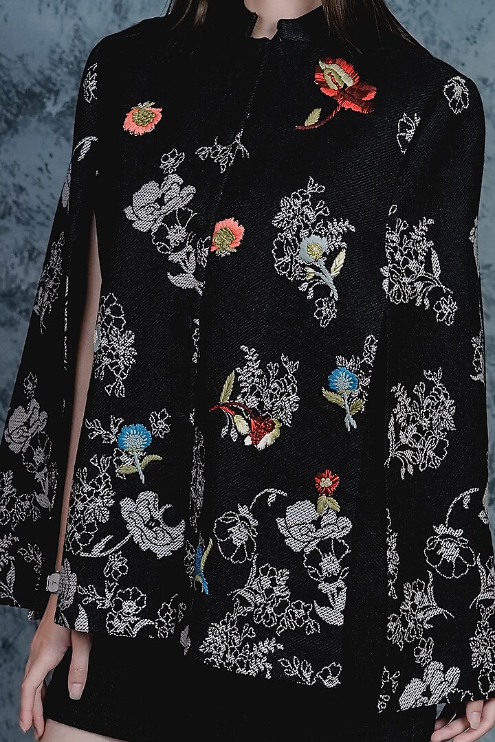 Black Embroidered & Printed Cape by Taroob at Pernia's Pop Up Shop
