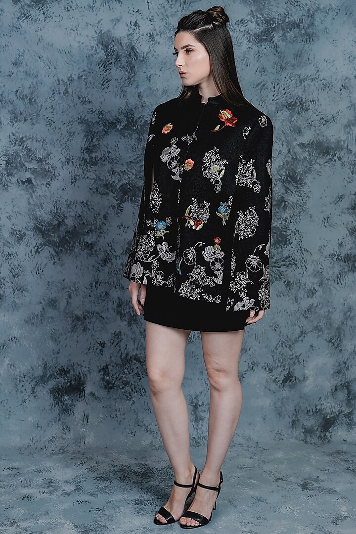 Black Embroidered & Printed Cape by Taroob at Pernia's Pop Up Shop