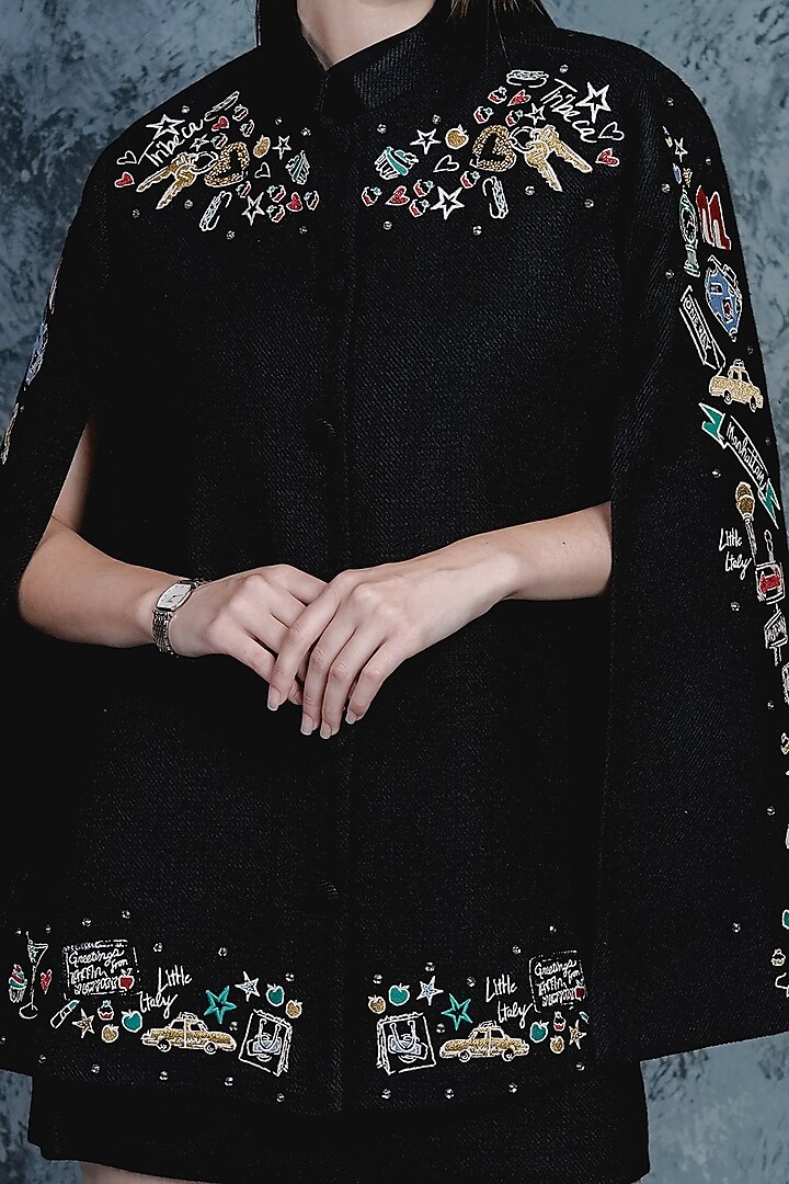 Black Aari Embroidered Cape by Taroob at Pernia's Pop Up Shop