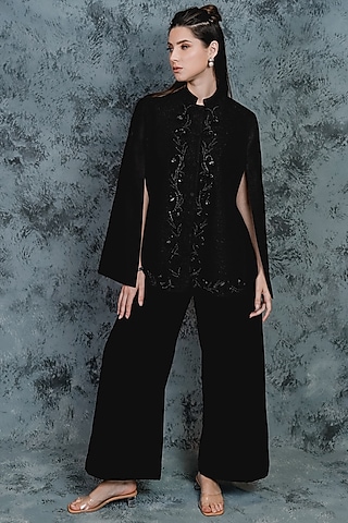 Black Embroidered & Printed Cape by Taroob