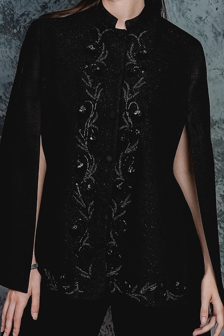 Black Embroidered & Printed Cape by Taroob at Pernia's Pop Up Shop
