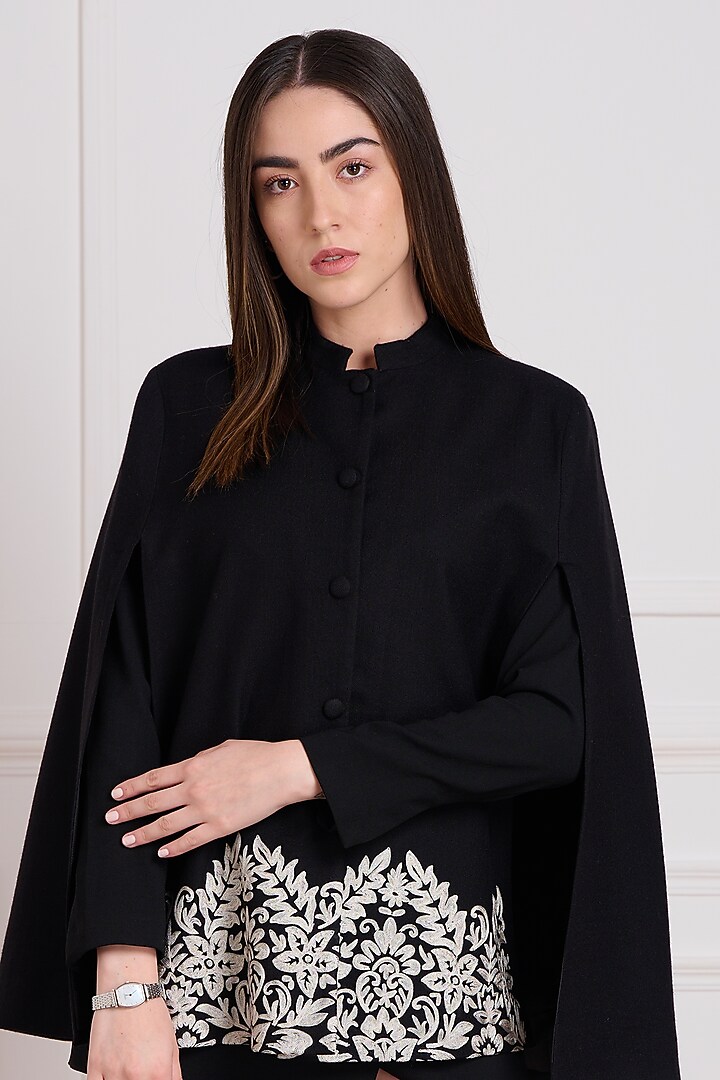 Black Floral Embroidered Cape by Taroob at Pernia's Pop Up Shop