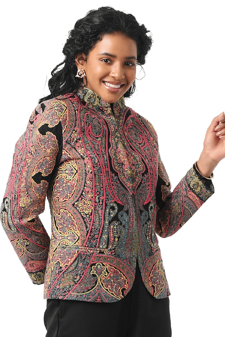 Black Pashmina Wool Hand Embellished Blazer by Taroob at Pernia's Pop Up Shop