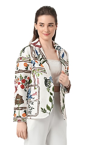 White Raw Silk Hand Embellished Blazer by Taroob