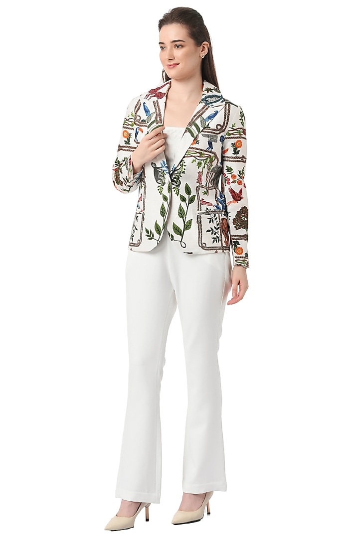 White Raw Silk Hand Embellished Blazer by Taroob at Pernia's Pop Up Shop