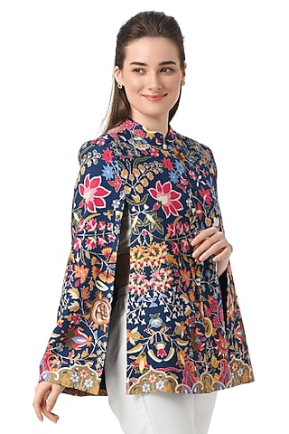Blue Wool Hand Embellished Cape by Taroob