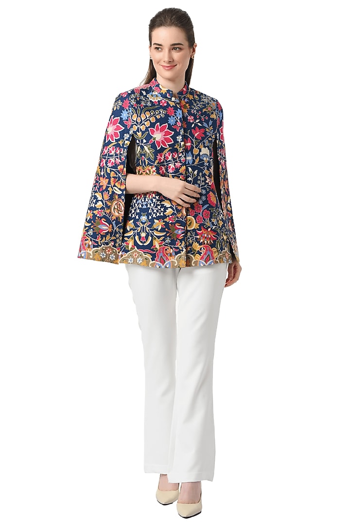 Blue Wool Hand Embellished Cape by Taroob at Pernia's Pop Up Shop