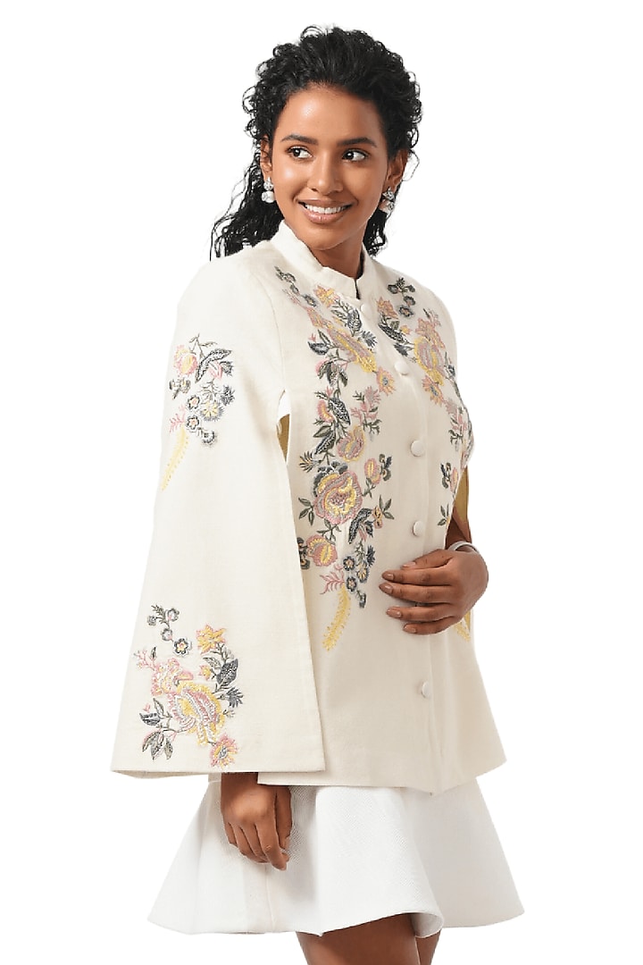 White Cashmere Wool Hand Embellished Cape by Taroob