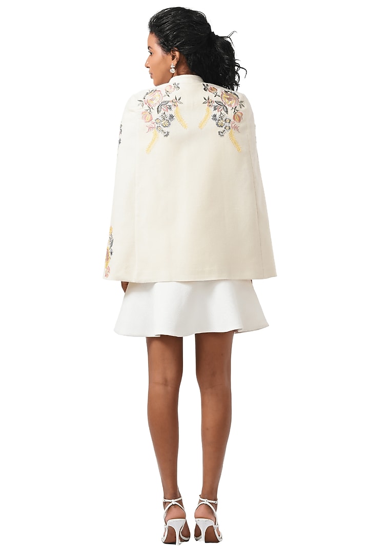 White Cashmere Wool Hand Embellished Cape by Taroob at Pernia's Pop Up Shop