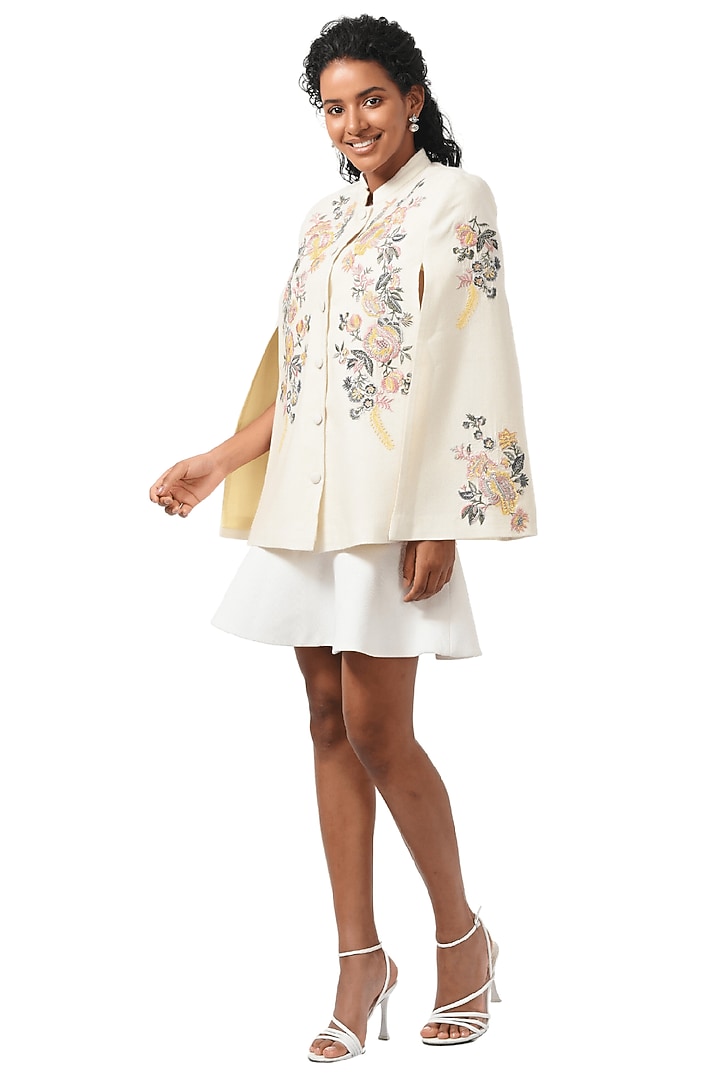 White Cashmere Wool Hand Embellished Cape by Taroob at Pernia's Pop Up Shop