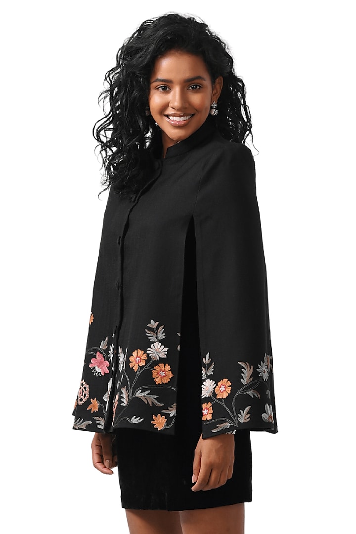 Black Cashmere Wool Hand Embellished Cape by Taroob