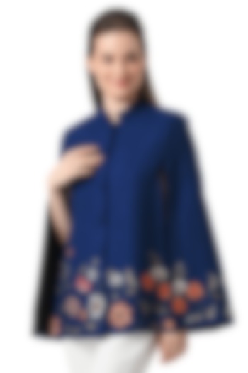Blue Cashmere Wool Hand Embellished Cape by Taroob