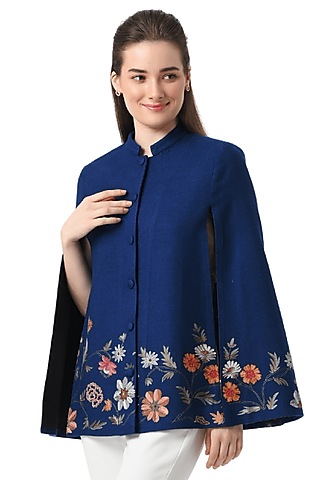 Blue Cashmere Wool Hand Embellished Cape by Taroob