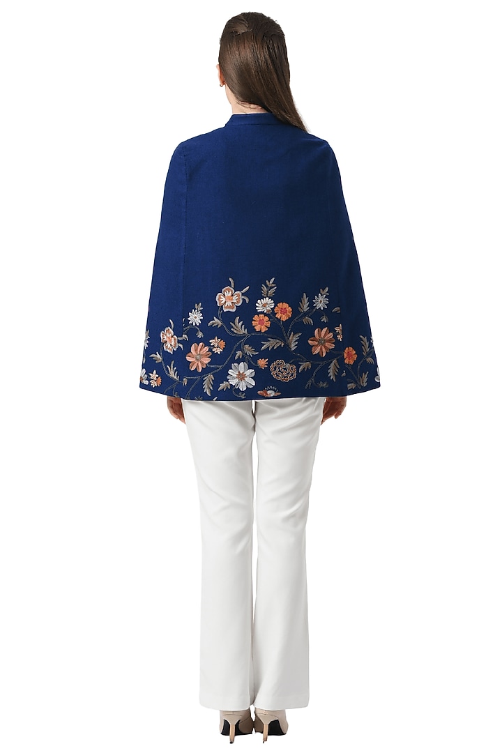 Blue Cashmere Wool Hand Embellished Cape by Taroob at Pernia's Pop Up Shop