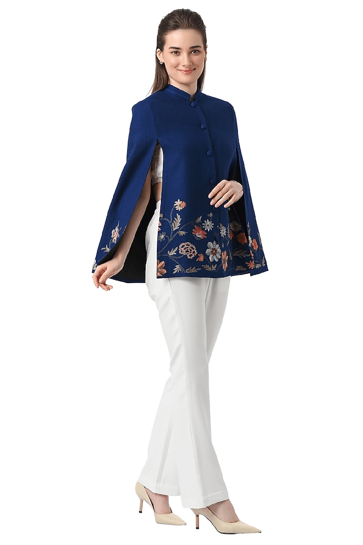 Blue Cashmere Wool Hand Embellished Cape by Taroob at Pernia's Pop Up Shop