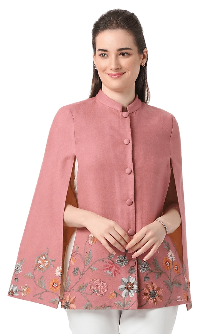 Pink Cashmere Wool Hand Embellished Cape by Taroob