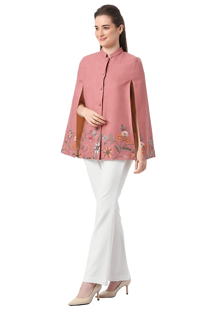 Pink Cashmere Wool Hand Embellished Cape by Taroob at Pernia's Pop Up Shop