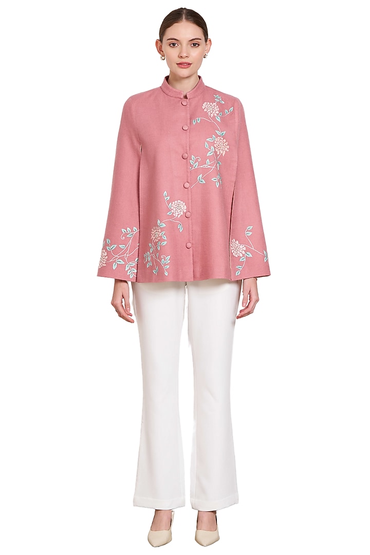 Pink Cashmere Wool Hand Embellished Cape by Taroob at Pernia's Pop Up Shop