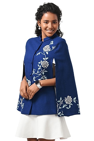 Blue Cashmere Wool Hand Embellished Cape by Taroob