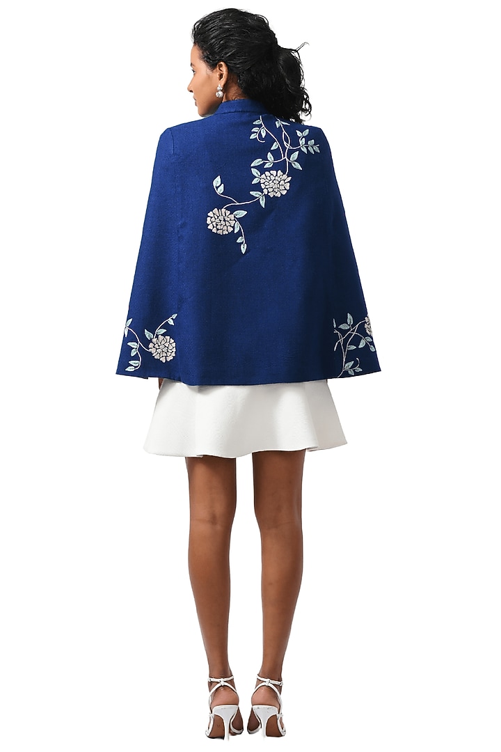Blue Cashmere Wool Hand Embellished Cape by Taroob at Pernia's Pop Up Shop