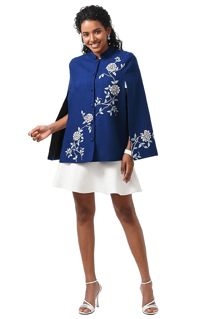 Blue Cashmere Wool Hand Embellished Cape by Taroob at Pernia's Pop Up Shop