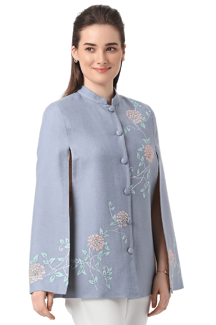 Sky Blue Cashmere Wool Hand Embellished Cape by Taroob