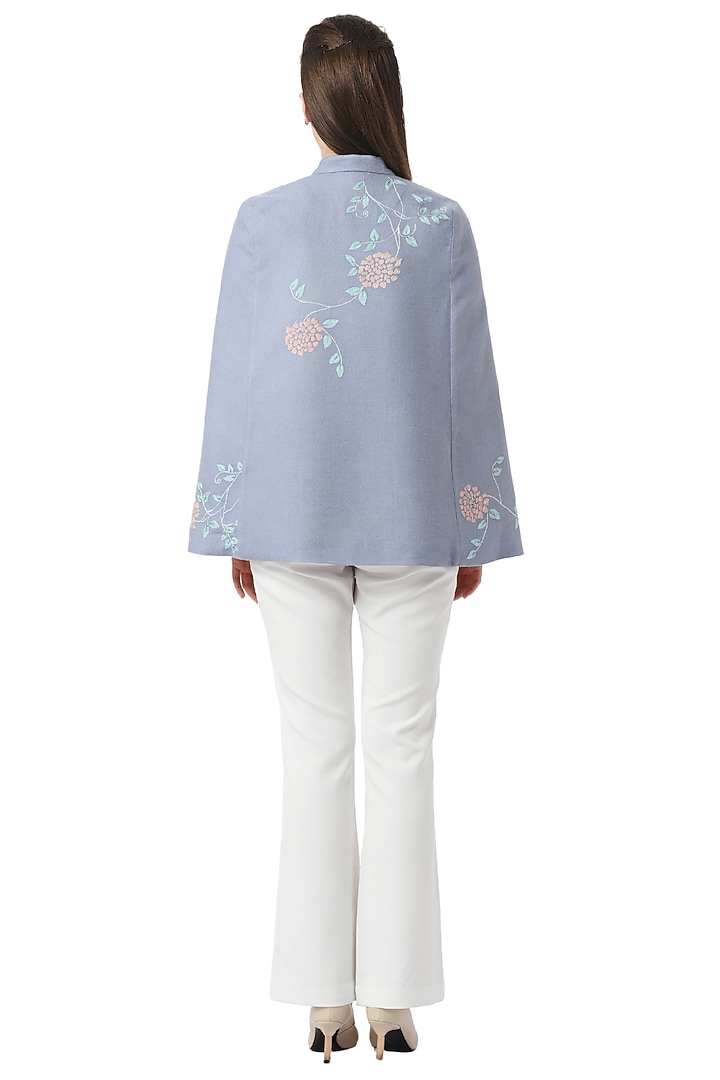 Sky Blue Cashmere Wool Hand Embellished Cape by Taroob at Pernia's Pop Up Shop