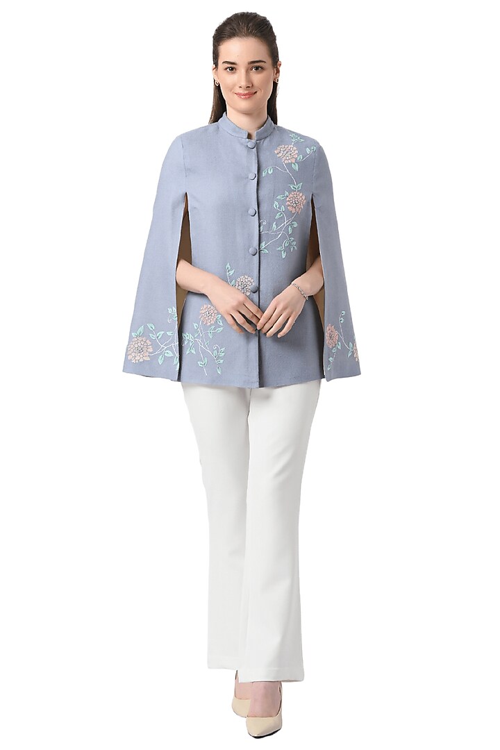 Sky Blue Cashmere Wool Hand Embellished Cape by Taroob at Pernia's Pop Up Shop