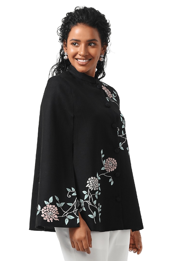 Black Cashmere Wool Hand Embellished Cape by Taroob