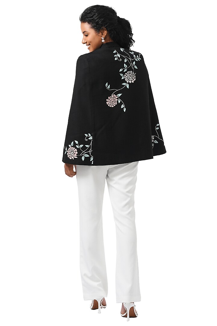 Black Cashmere Wool Hand Embellished Cape by Taroob at Pernia's Pop Up Shop