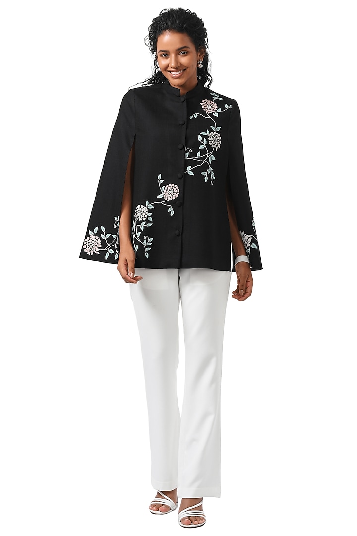 Black Cashmere Wool Hand Embellished Cape by Taroob at Pernia's Pop Up Shop