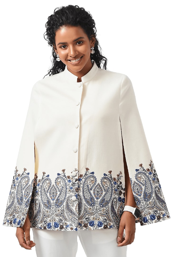 White Cashmere Wool Hand Embellished Cape by Taroob