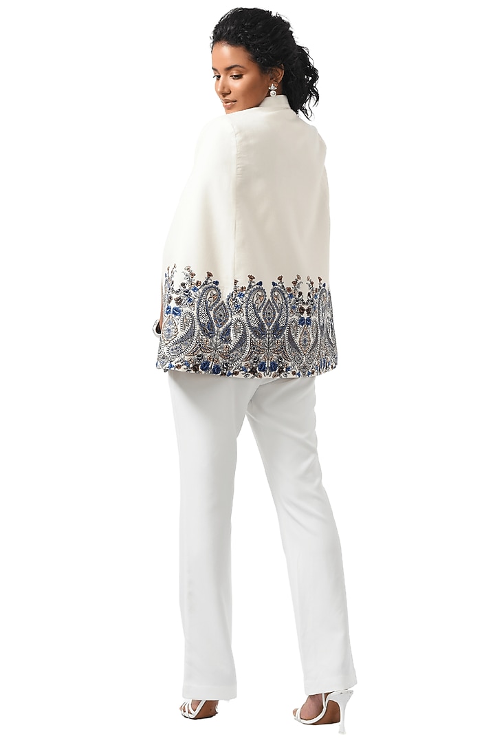 White Cashmere Wool Hand Embellished Cape by Taroob at Pernia's Pop Up Shop
