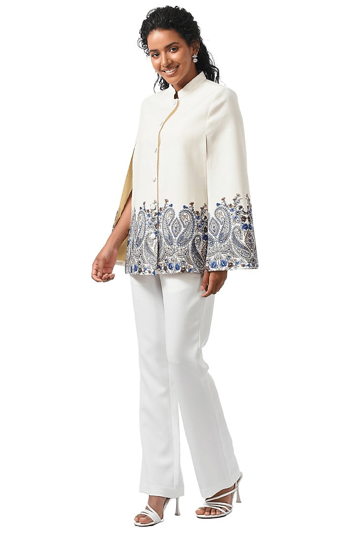 White Cashmere Wool Hand Embellished Cape by Taroob at Pernia's Pop Up Shop