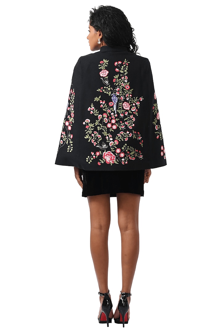 Black Cashmere Wool Hand Embellished Cape by Taroob at Pernia's Pop Up Shop