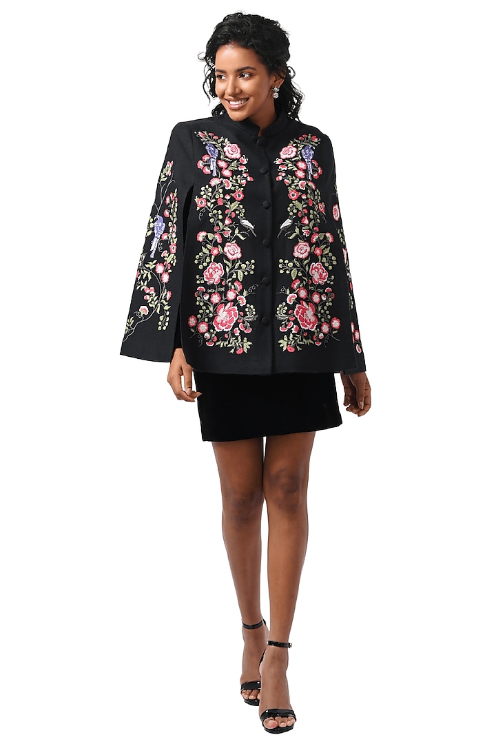 Black Cashmere Wool Hand Embellished Cape by Taroob at Pernia's Pop Up Shop
