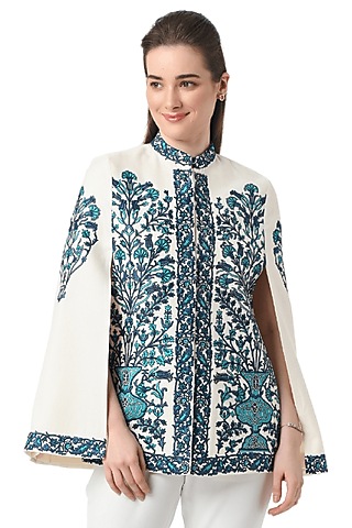 White Pashmina Wool Hand Embellished Cape by Taroob