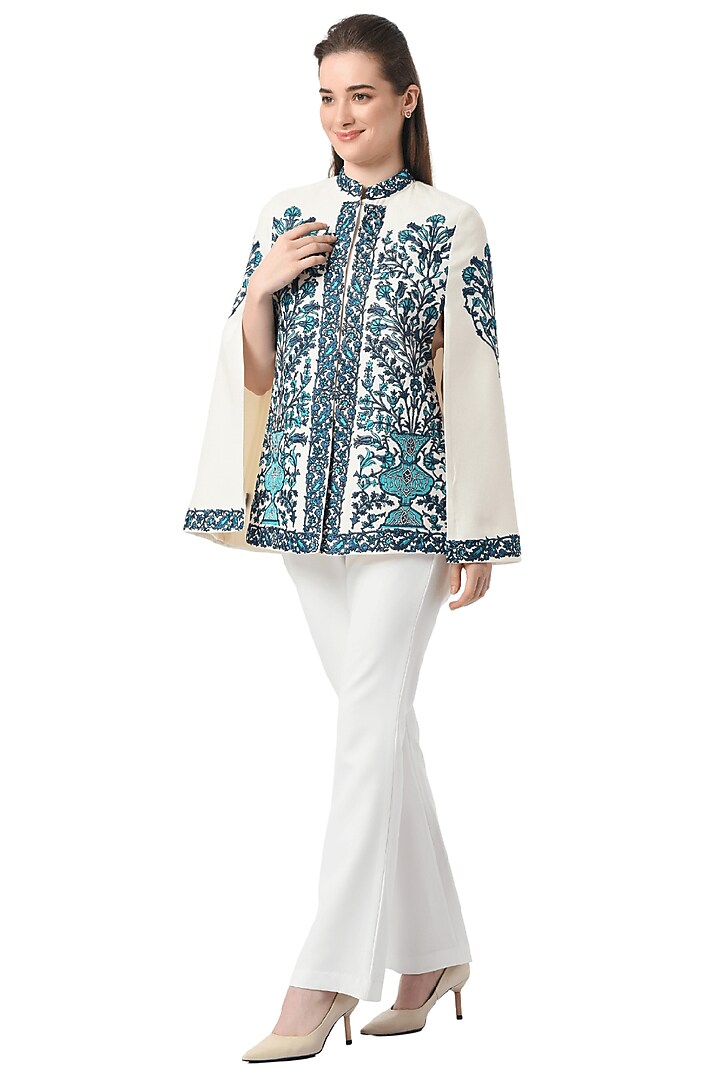White Pashmina Wool Hand Embellished Cape by Taroob at Pernia's Pop Up Shop