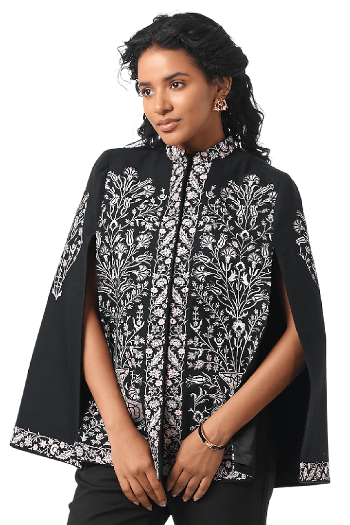 Black Pashmina Wool Hand Embellished Cape by Taroob