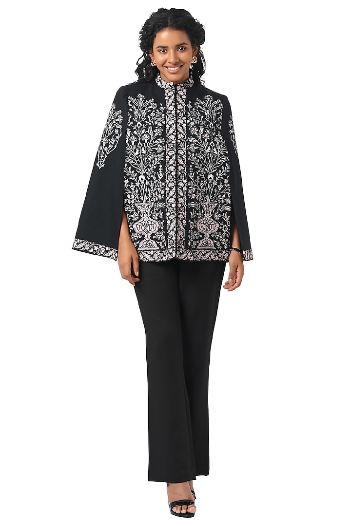 Black Pashmina Wool Hand Embellished Cape by Taroob at Pernia's Pop Up Shop