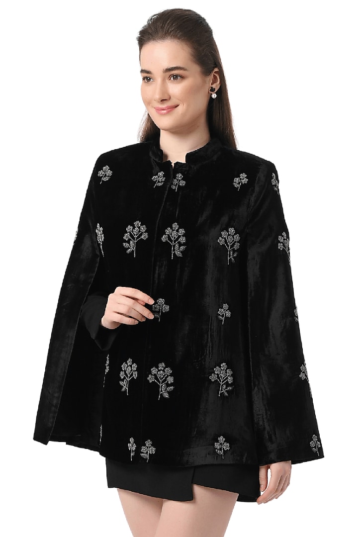 Black Pure Velvet Hand Embellished Cape by Taroob