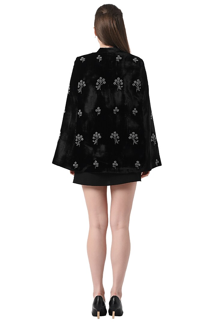 Black Pure Velvet Hand Embellished Cape by Taroob at Pernia's Pop Up Shop