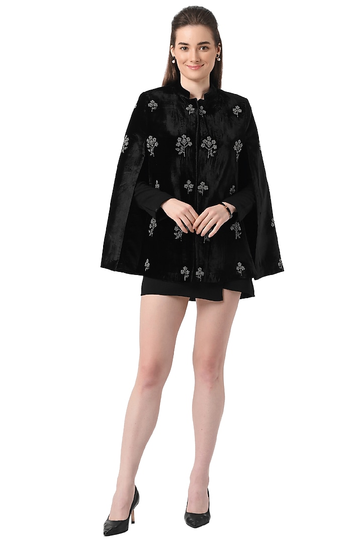 Black Pure Velvet Hand Embellished Cape by Taroob at Pernia's Pop Up Shop