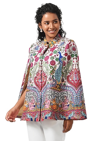 White Wool Hand Embellished Cape by Taroob