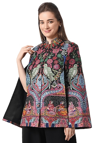 Black Wool Hand Embellished Cape by Taroob
