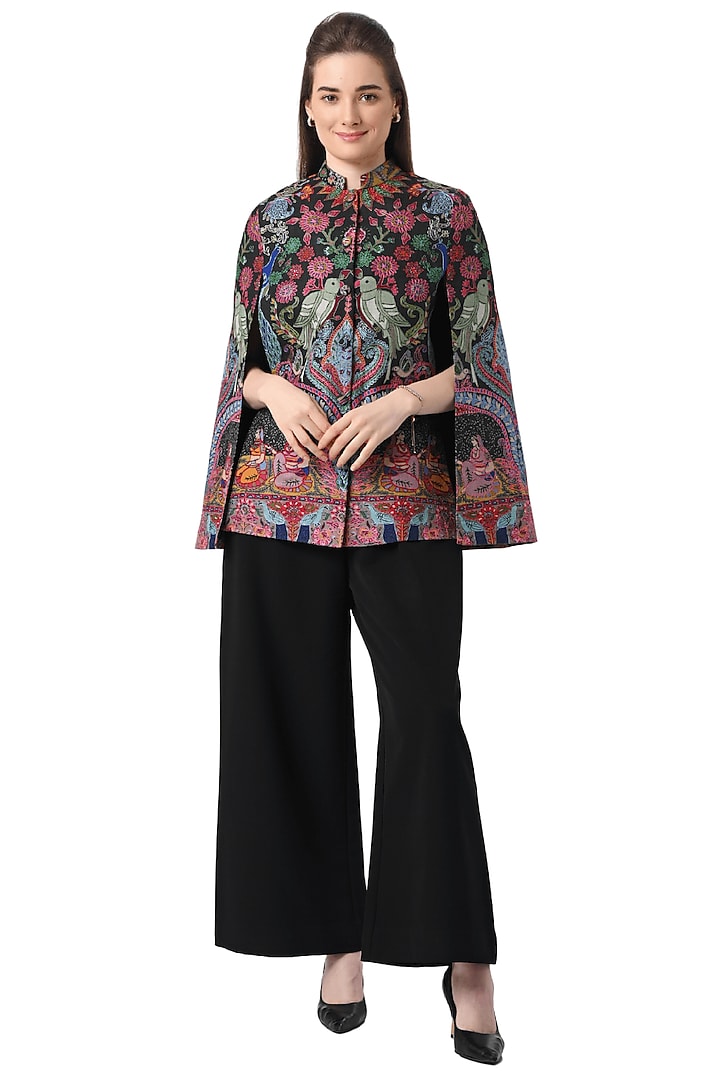 Black Wool Hand Embellished Cape by Taroob at Pernia's Pop Up Shop