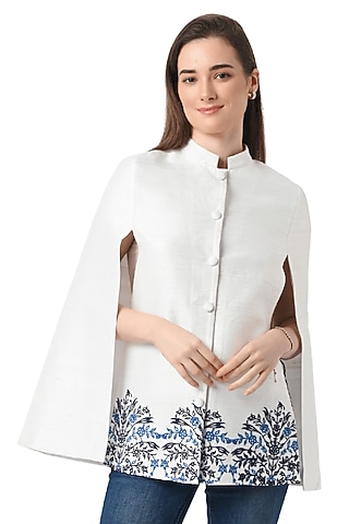 White Raw Silk Hand Embellished Cape by Taroob