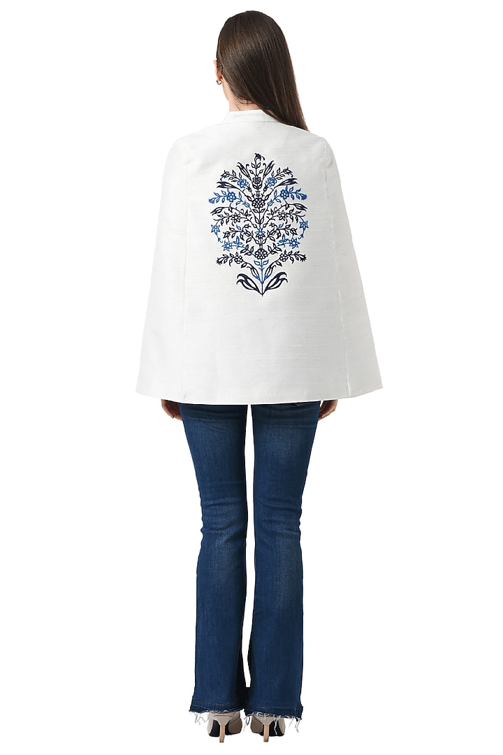 White Raw Silk Hand Embellished Cape by Taroob at Pernia's Pop Up Shop