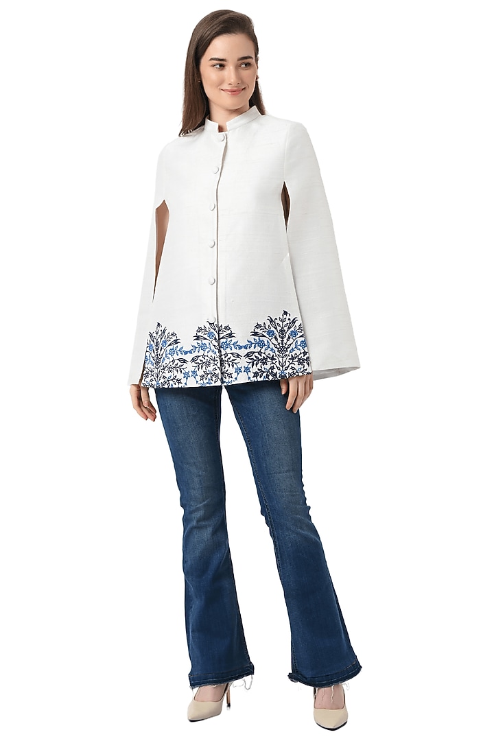 White Raw Silk Hand Embellished Cape by Taroob at Pernia's Pop Up Shop