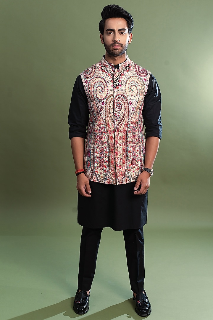 Beige Embroidered Bundi Jacket by Taroob Men